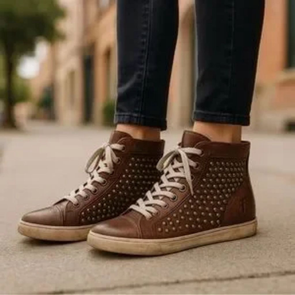 Rare Women's Frye Brown Leather Studded High Top Sneakers Size 7.5 EUC